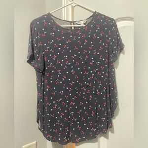 LC Lauren Conrad Blue Cherry Print Short Sleeve blouse